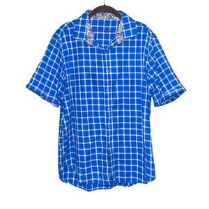 Robert Graham Shirt XL Large Blue White Check Paisley Trim Short Sleeve Cotton